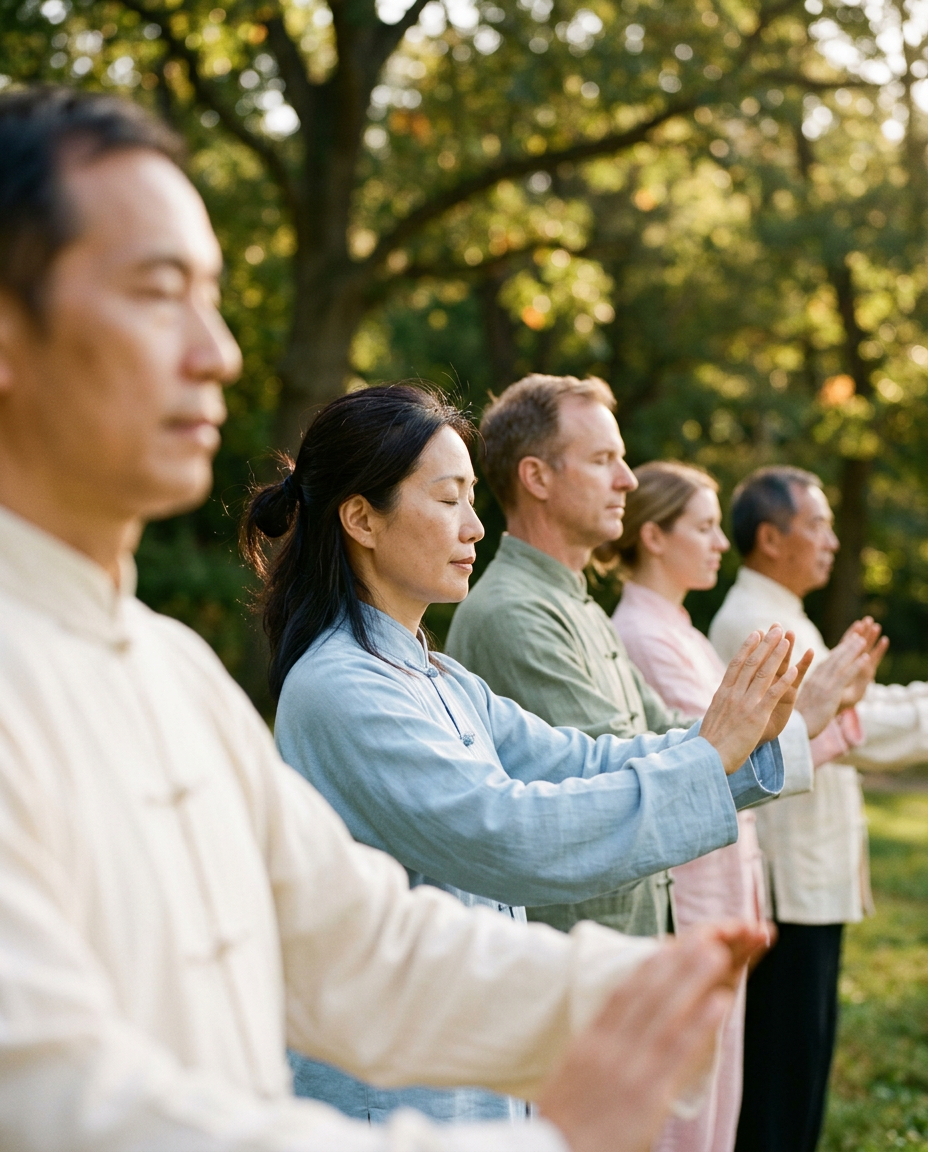 A group of five qigong practitioners of different ages practising together outdoors in a park at sunrise