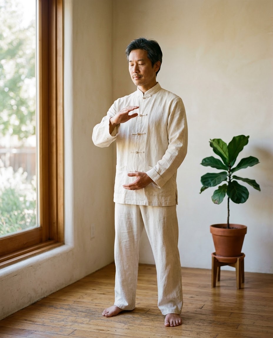 A qigong practitioner standing in a focused posture beside a window in a calm sunlit room